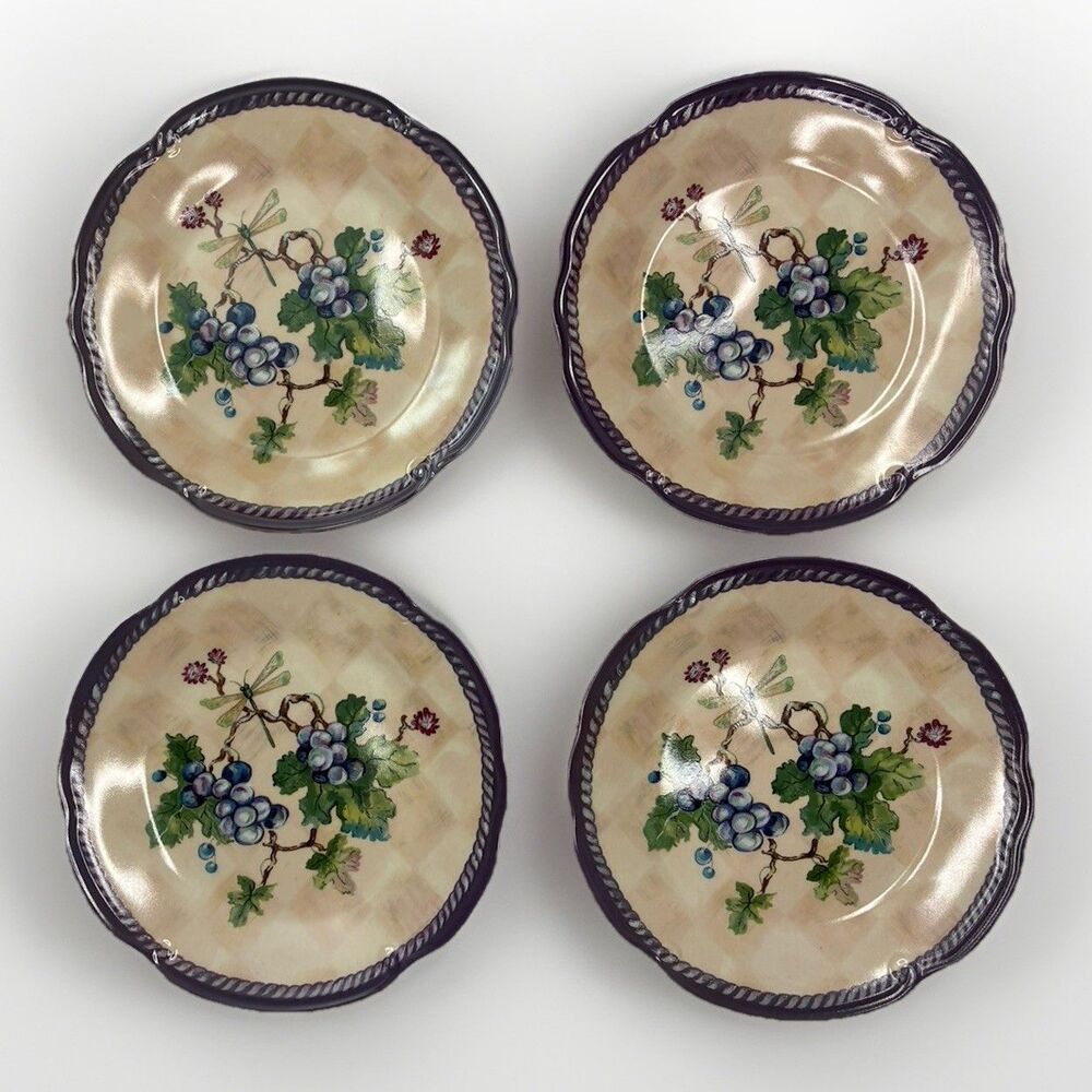 Tracy Porter Claret Collection 4 Salad Plate Dream Delicious Grape Dragonfly Vtg
